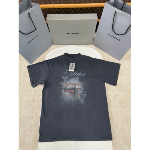 BALENCIAGA 2025SS Sailboat Washed Landscape Distressed Short Sleeve