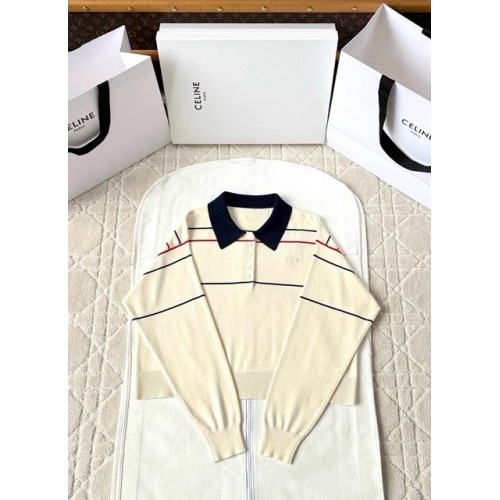 CELINE 25SS Arc de Triomphe Embroidered Striped Polo Long Sleeve CELINE 25SS Arc de Triomphe Embroidered Striped Polo Long Sleeve
