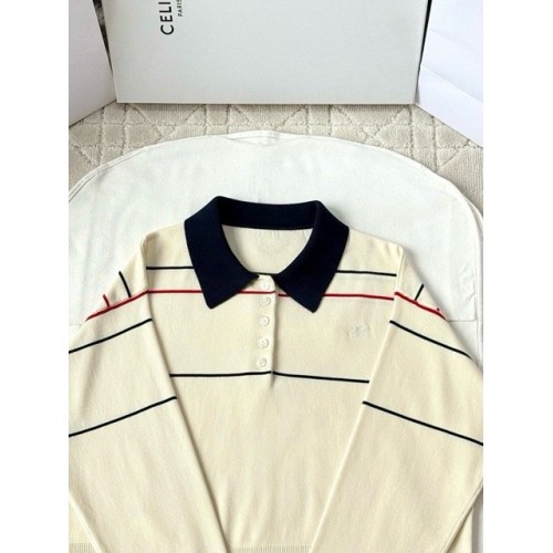 CELINE 25SS Arc de Triomphe Embroidered Striped Polo Long Sleeve CELINE 25SS Arc de Triomphe Embroidered Striped Polo Long Sleeve