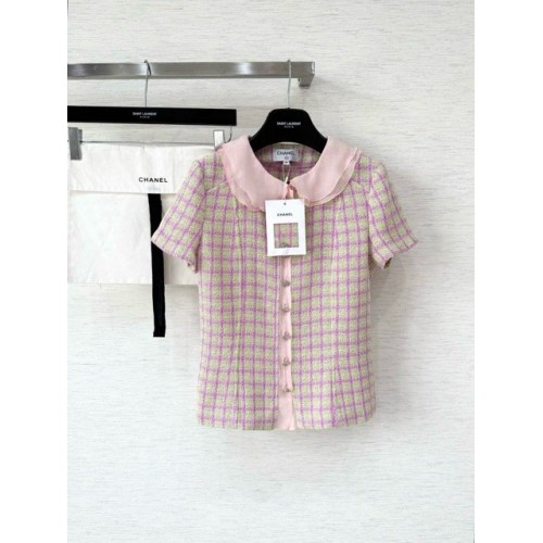 CHANEL 25S Ruffle Collar Check Braided Short Sleeve - Pink