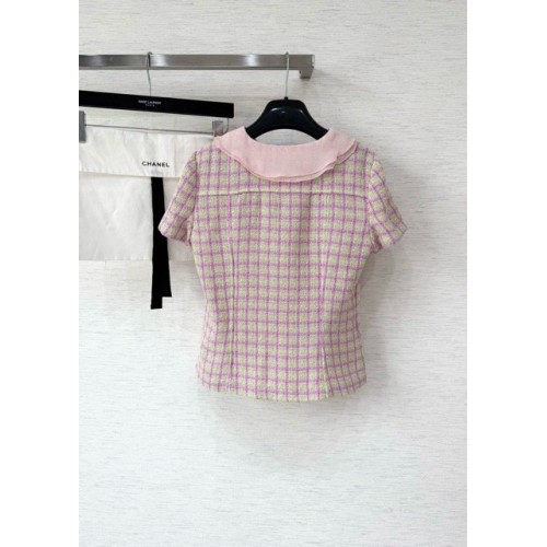 CHANEL 25S Ruffle Collar Check Braided Short Sleeve - Pink