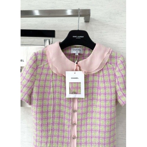 CHANEL 25S Ruffle Collar Check Braided Short Sleeve - Pink CHANEL 25S Ruffle Collar Check Braided Short Sleeve - Pink