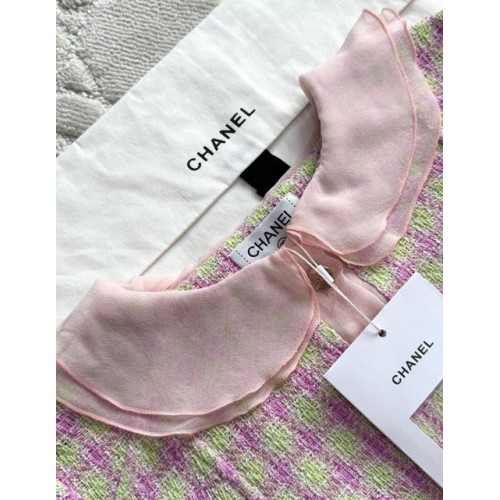 CHANEL 25S Ruffle Collar Check Braided Short Sleeve - Pink CHANEL 25S Ruffle Collar Check Braided Short Sleeve - Pink