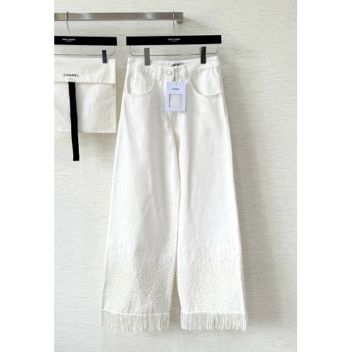 CHANEL 25S Scale Beaded Tassel White Jeans