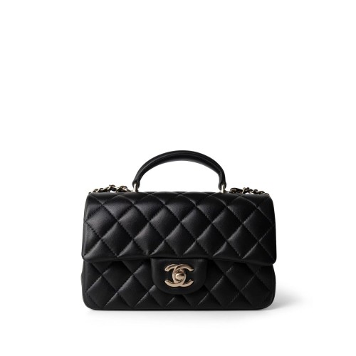 CHANEL Classic Mini Flap Top Handle Handbag - Black Lambskin