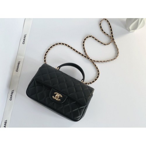 CHANEL Classic Mini Flap Top Handle Handbag - Black Lambskin