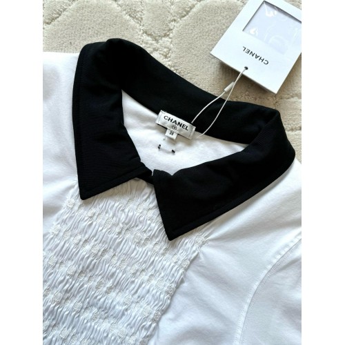 CHANEL Crinkled Embroidered Double C Short Sleeve Polo Collar - White CHANEL Crinkled Embroidered Double C Short Sleeve Polo Collar - White