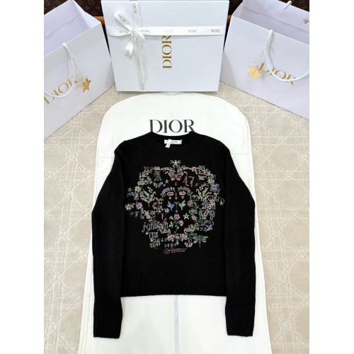 DIOR 2025SS Early Spring Floral Embroidery Knitted Long Sleeve - Black