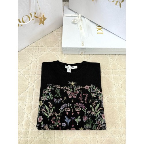 DIOR 2025SS Early Spring Floral Embroidery Knitted Long Sleeve - Black