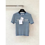 DIOR 25SS Striped Knitted Lettering Short Sleeve - Blue