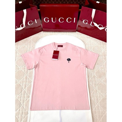 GUCCI 25SS Rose Embroidery Round Neck Short - Pink