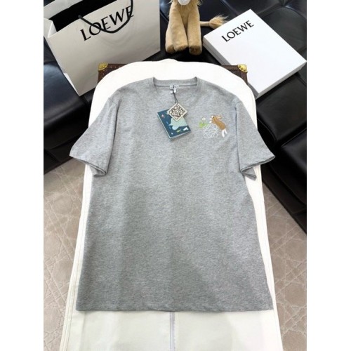 LOEWE 2024FW Rabbit Embroidery Round Neck Short Sleeve - Gray