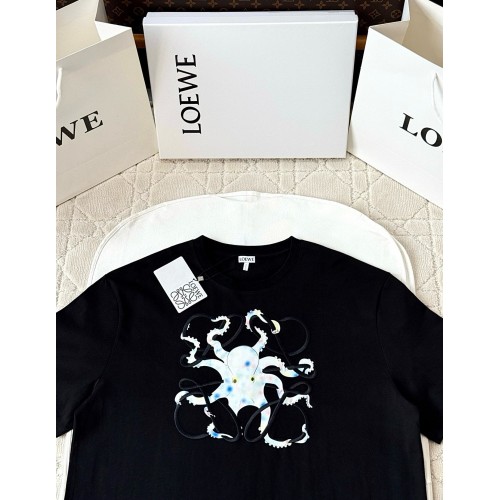 LOEWE 2025SS Octopus Print Embroidered Short Sleeves - Black