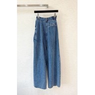 LOEWE 25SS Leather Logo Pleated Irregular Jeans