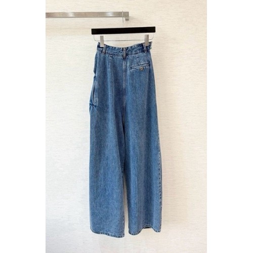 LOEWE 25SS Leather Logo Pleated Irregular Jeans