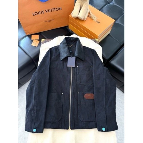 LV 2024FW Checkerboard Denim Jacket with Leather Collar