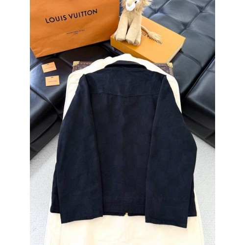LV 2024FW Checkerboard Denim Jacket with Leather Collar