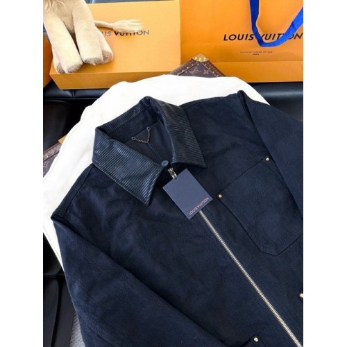 LV 2024FW Checkerboard Denim Jacket with Leather Collar LV 2024FW Checkerboard Denim Jacket with Leather Collar