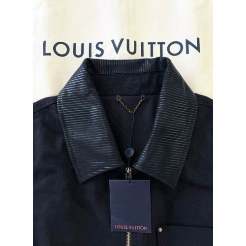 LV 2024FW Checkerboard Denim Jacket with Leather Collar LV 2024FW Checkerboard Denim Jacket with Leather Collar