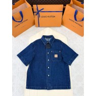 LV 2025SS Earth Print Leather Patched Denim Shirt