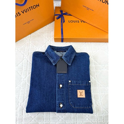LV 2025SS Earth Print Leather Patched Denim Shirt LV 2025SS Earth Print Leather Patched Denim Shirt