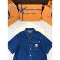 LV 2025SS Earth Print Leather Patched Denim Shirt LV 2025SS Earth Print Leather Patched Denim Shirt