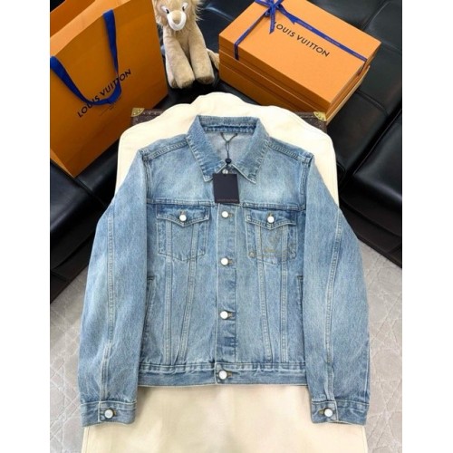 LV 2025SS Pocket Embroidery Washed Denim Jacket - Light Blue