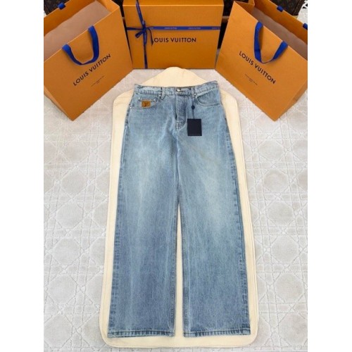 LV 2025SS Pocket Embroidery Washed Jeans - Light Blue