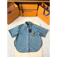 LV 25SS Custom-Dyed Denim Short-Sleeves with Pocket Embroidery