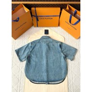 LV 25SS Custom-Dyed Denim Short-Sleeves with Pocket Embroidery