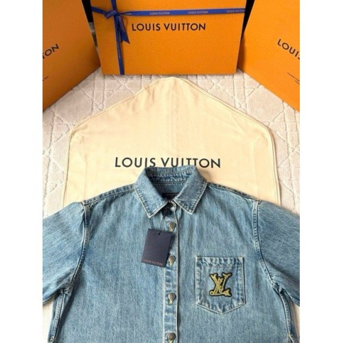 LV 25SS Custom-dyed Pocket Embroidery Denim Short Sleeve - BLUE LV 25SS Custom-dyed Pocket Embroidery Denim Short Sleeve - BLUE