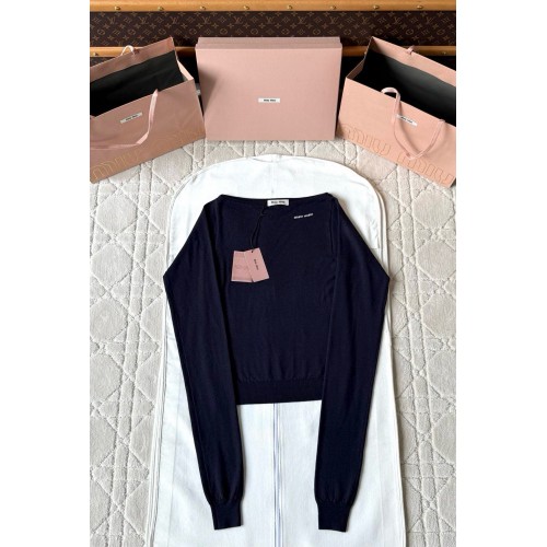 MIU MIU 2025SS One-Shoulder Knitted Long Sleeve - Dark Blue