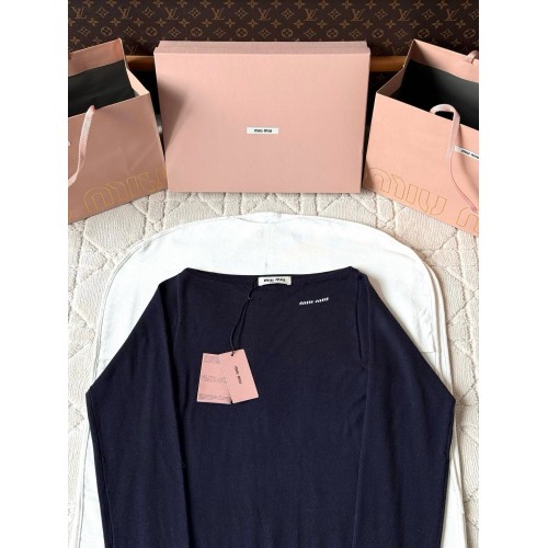 MIU MIU 2025SS One-Shoulder Knitted Long Sleeve - Dark Blue