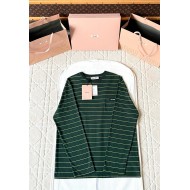 MIU MIU 2025SS Striped Pocket Slogan Long Sleeve - Green