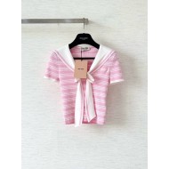 MIU MIU 25SS Bowknot V-Neck Short Sleeve Polo - Pink with White