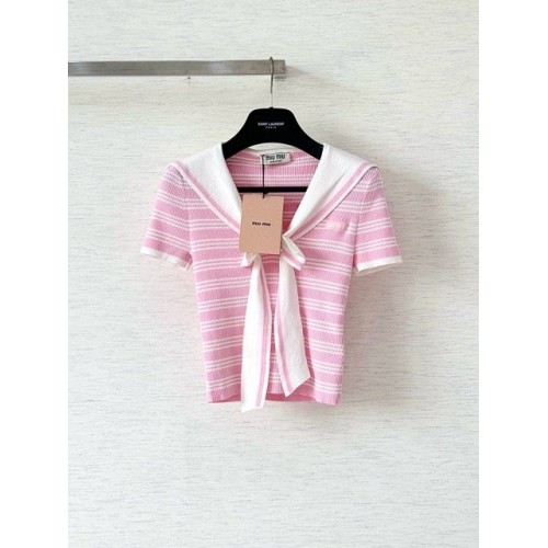 MIU MIU 25SS Bowknot V-Neck Short Sleeve Polo - Pink with White MIU MIU 25SS Bowknot V-Neck Short Sleeve Polo - Pink with White