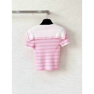 MIU MIU 25SS Bowknot V-Neck Short Sleeve Polo - Pink with White