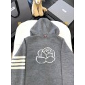 THOM BROWNE Classic Four Bar Rose Knit Cardigan - Grey THOM BROWNE Classic Four Bar Rose Knit Cardigan - Grey