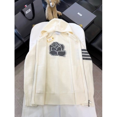 THOM BROWNE Classic Four Bar Rose Knit Cardigan - White THOM BROWNE Classic Four Bar Rose Knit Cardigan - White