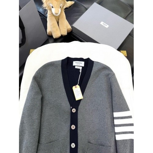 THOM BROWNE Colorblock 4-Bar Stripe Cardigan Sweater - Grey THOM BROWNE Colorblock 4-Bar Stripe Cardigan Sweater - Grey