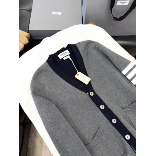 THOM BROWNE Colorblock 4-Bar Stripe Cardigan Sweater - Grey THOM BROWNE Colorblock 4-Bar Stripe Cardigan Sweater - Grey