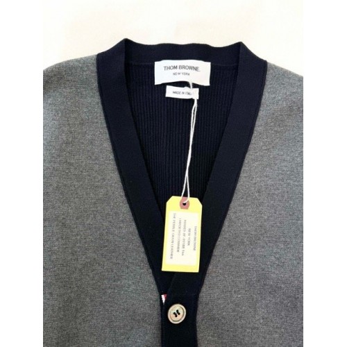 THOM BROWNE Colorblock 4-Bar Stripe Cardigan Sweater - Grey THOM BROWNE Colorblock 4-Bar Stripe Cardigan Sweater - Grey